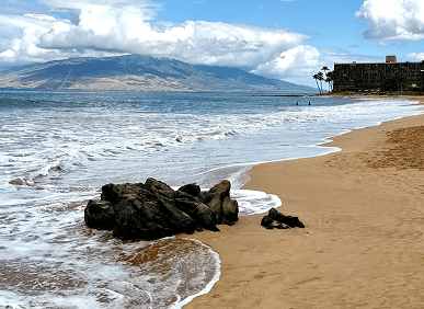 Coastal view with distant mountains